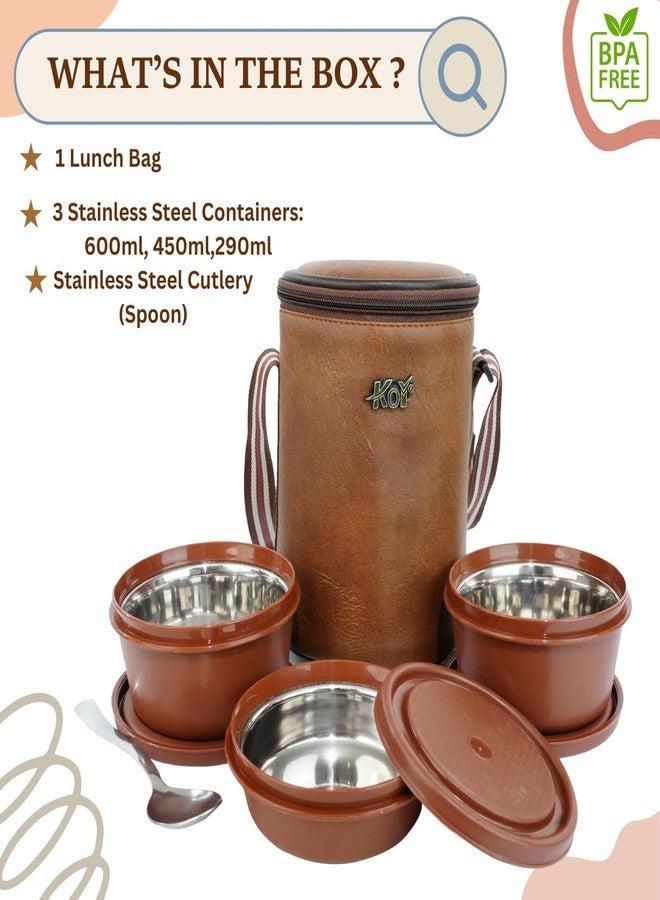 KOI Executive Lunch Box, Microwave Safe, 3 Inside Steel Container with BPA Free Lids (290ml, 450ml, 600ml, Steel Cutlery - (Mempish Brown) - Image 3